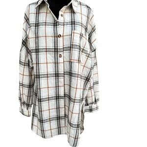 Boutique Cream with Brown and Black Plaid Flannel Shacket, Women's size L
